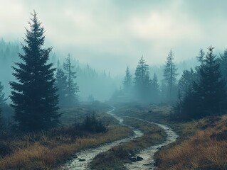 Brumous elevation countryside with mystical fir-tree timberland in haze
