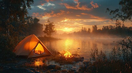 Orange lit inside tent and fire next to the tent over misty river at sunset landscape