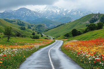 Spring road landscape in beautiful nature travel, spring colors in mountain road scenery