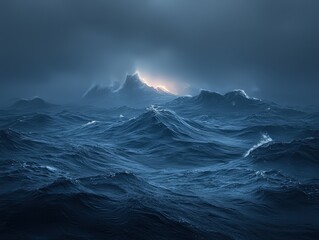 Dark ocean storm with lighting and waves at night landscape