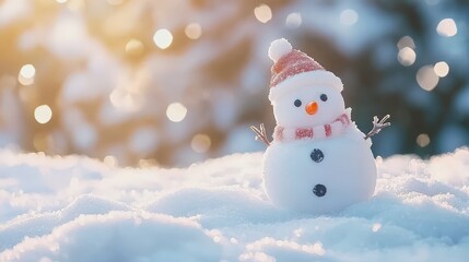 Snowman on snow, christmas winter background with snow and blurred bokeh landscape