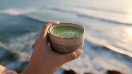 Woman holds matcha latte by ocean.