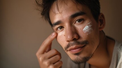 Man applying skincare cream.