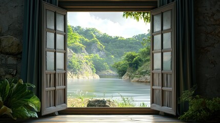 View from window at a wonderful beautiful landscape nature panorama