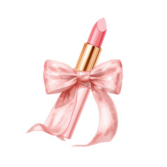 Elegant rosy pink lipstick with golden accent and a delicate bow on an isolated canvas