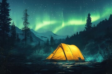 Glowing yellow camping tent under a beautiful green northern lights aurora landscape