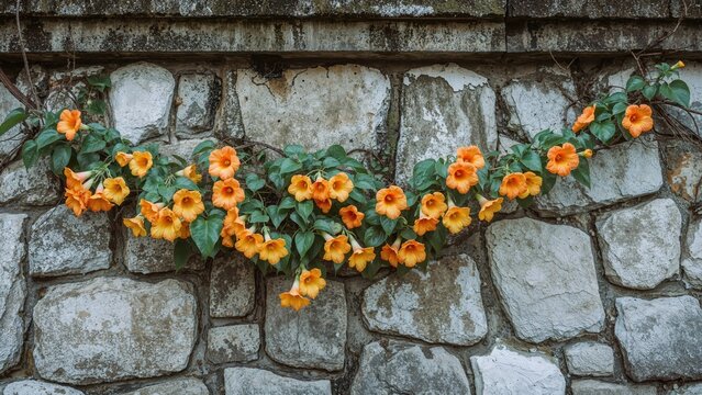 Campsis grandiflora flourishing on textured stone surface