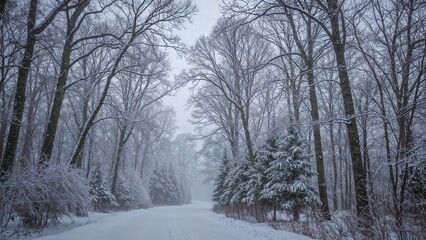 Obraz premium Snow-laden trees in a serene woodland