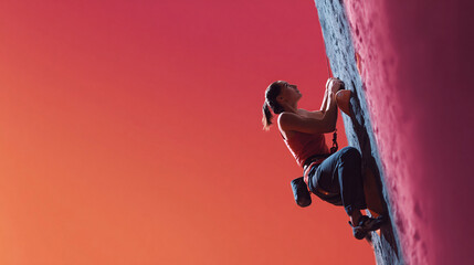 Female rock climber ascending a steep wall against a vibrant gradient sky. Illustrates determination, strength, and conquering challenges. Great for fitness or adventure concepts.