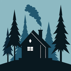 Obraz premium Vector art of cozy cabin in the woods with smoke coming from the chimney