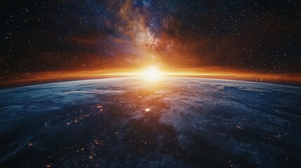 View from space landscape with milky way galaxy, sunrise and earth