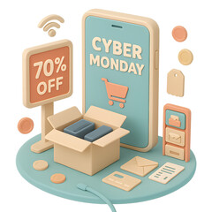 3D Stylized Cyber Monday Mobile Sale Illustration in Isometric Low-Poly Style