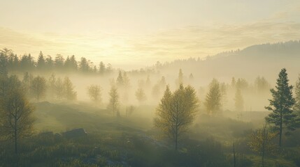 Brumous elevation countryside with mystical fir-tree timberland in haze