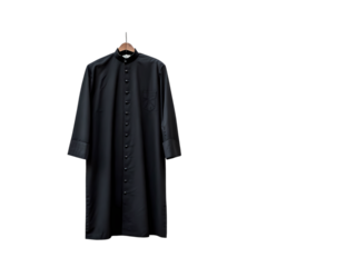 Black Clerical Shirt on Wooden Hanger on transparent background