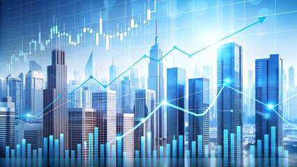 Modern cityscape with glowing blue financial stock market data charts and graphs overlayed, symbolizing business growth and economic progress