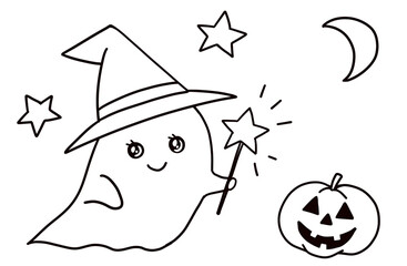 おばけとカボチャのハロウィン線画イラスト