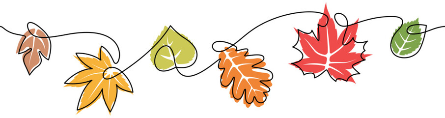 Autumn leaves hand drawn line art seamless pattern isolated on white background