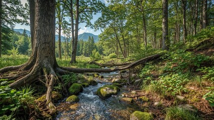 Summer forest landscape with green trees, stones, and water