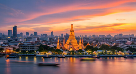 Obraz premium Wat Arun at Sunset: Capture the beauty of the Wat Arun Ratchawararam Ratchawaramahawihan temple at sunset, as the sun dips below the horizon, casting its warm light over the structure.