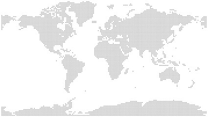 A modern square shape dotted world map with a beautiful halftone effect. Small dot shape map showing a professional design for showcasing worldwide connections and global networks. © SM. Nazmul Hasan