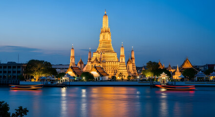 Magnificent Temple at Dusk: A stunning temple complex stands majestically beside a calm river, illuminated by soft lights as twilight paints the sky with deep blues and purples.
