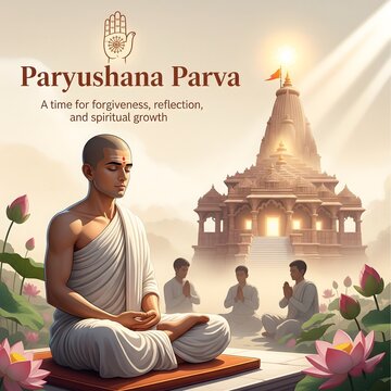 Spiritual man meditates peacefully in front of a temple during paryushana parva festival