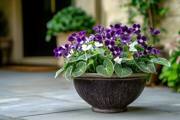 Purple and white flowers in a decorative planter.