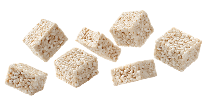 Cereal pieces is made from natural rice and wheat, Sesame cereal blocks floating in the air isolated on a transparent background