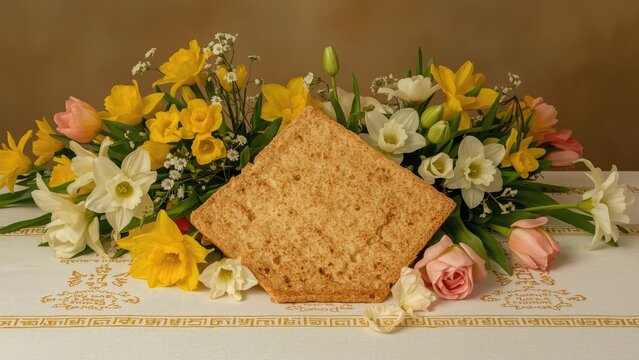 Sacred flatbread served during a religious feast with floral accents and celebratory atmosphere