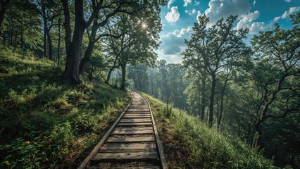 Fototapeta premium Sunlit forest pathway in the heart of summer