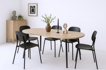 Modern Dining Room Setting with Oval Wooden Table, Black Chairs, and Minimalist Decor Accents