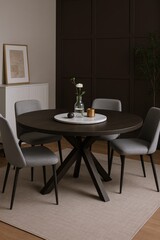 Modern Dining Room Setup Featuring a Dark Wood Round Table with Grey Upholstered Chairs and Minimalist Decor