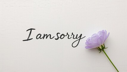 Apology note with purple floral design on white wooden surface