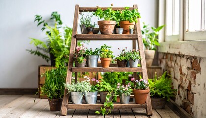 A wooden ladder shelf displays various potted herbs and plants indoors, creating a small indoor garden near a window.