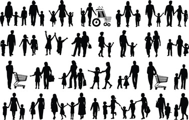 Silhouettes of families shopping, walking with children, parenting together, daily life scenes, bonding moments, urban lifestyle, holding hands illustration