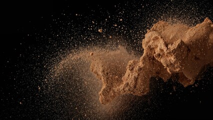Flying sand particles erupting in a dynamic splash against a dark backdrop.