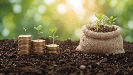 Money piles on rich soil with young plants sprouting above and more seedlings emerging from a burlap sack in the morning light.