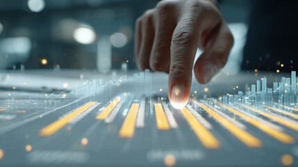 Closeup of Hand Drawing on Futuristic Holographic Display, Technology and Business Development Concept, Professional Using Digital Touchscreen Interface for Data Analysis and Planning in Modern Office