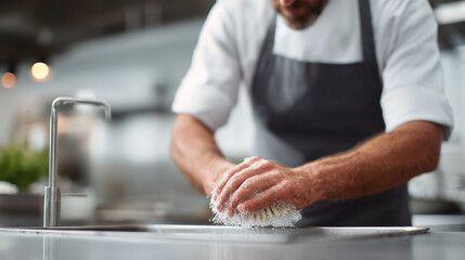 A chef washing dishes in a professional kitchen. Focus on cleanliness, hygiene, and meticulous work. Great for restaurants, culinary blogs, or cleaning product ads.