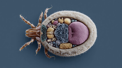 Detailed macro image of a tick, showcasing its anatomy and internal organs in vivid colors. Perfect for medical, scientific or educational content.