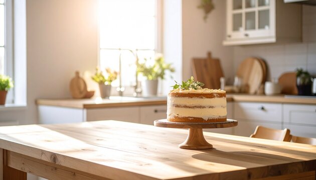 A delicious layered cake sits on a wooden table in a bright, sunlit kitchen.