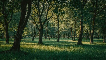 Fototapeta premium Early autumn scene in a serene woodland with sunlight filtering through trees and grass