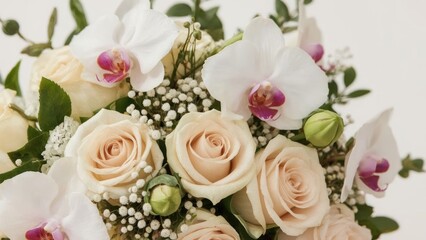 Close-up view of a stunning bouquet with roses, orchids, and various flowers.