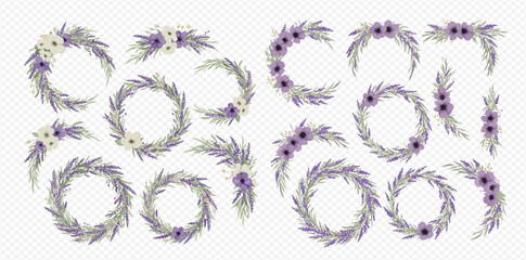 A beautiful collection of floral wreaths, borders, and corners featuring purple and white anemone flowers and delicate foliage on a transparent background.