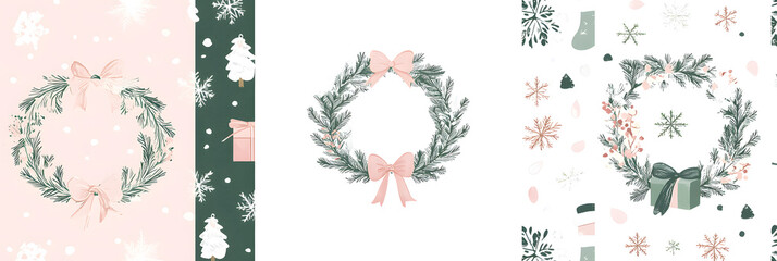 Christmas Wreath Seamless Pattern on Pastel Background