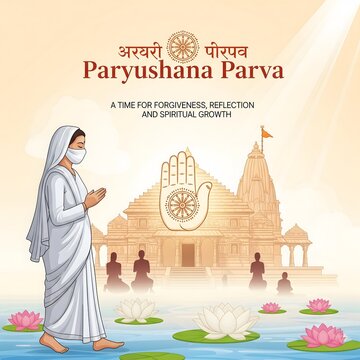 Jain devotee in traditional attire prays before a temple during paryushan parva festival