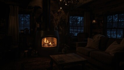 Cozy dark lounge featuring a barrel fireplace with glowing logs lighting up the walls during a late night in a cabin