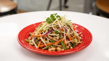 Healthy vegetable medley drizzled with peanut sauce, served on a bright red plate isolated on white