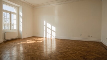 Obraz premium Empty living area with parquet flooring and natural light from window