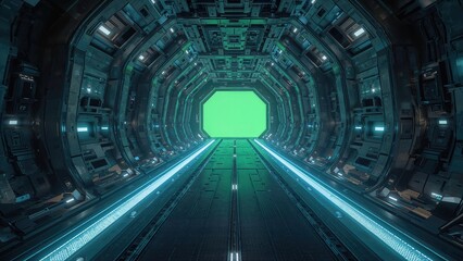 Spacious inside view of a spaceship with a blue landing zone, displayed on green.